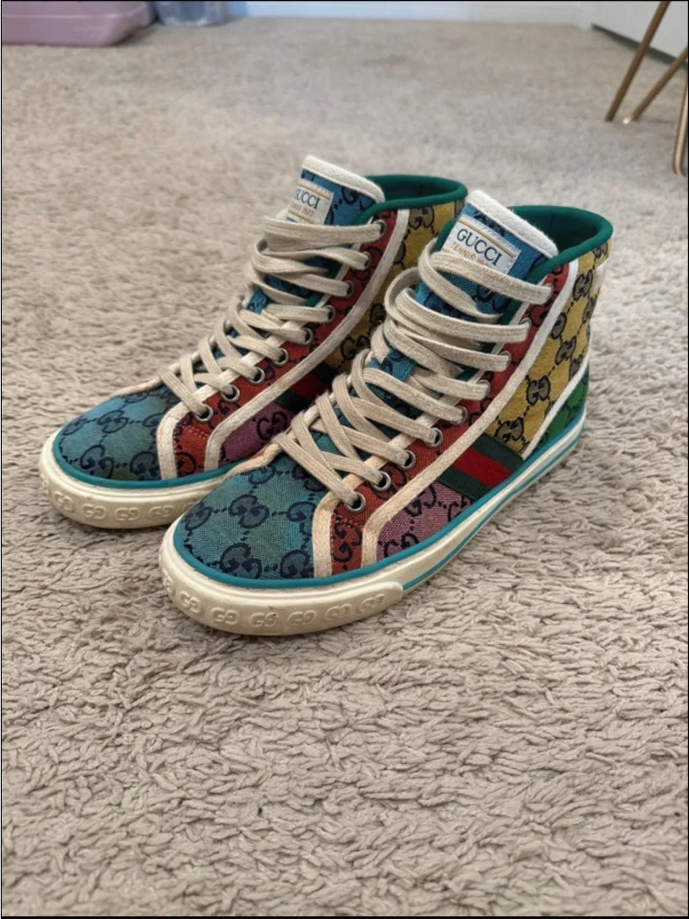 Gucci Mens size 8 Multicolor GG Canvas High-Top Sneakers with Cream Laces